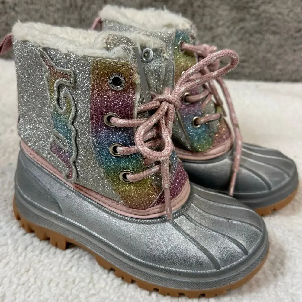 Juicy Couture Silver Glitter Rainbow Snow Winter Boots Girls Toddler 10 Faux Fur